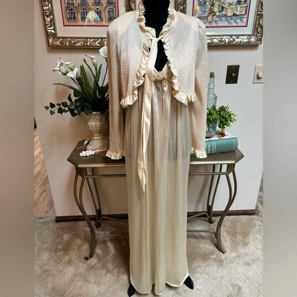 Vintage Gilligan & O'Malley Cream Maxi Lace Slip Dress & Crop Top Set Sz S - Picture 3 of 15